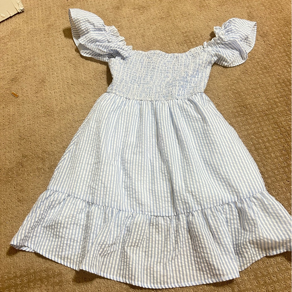 Lulu's Blue and White Off-Shoulder Sundress with Puff Sleeves